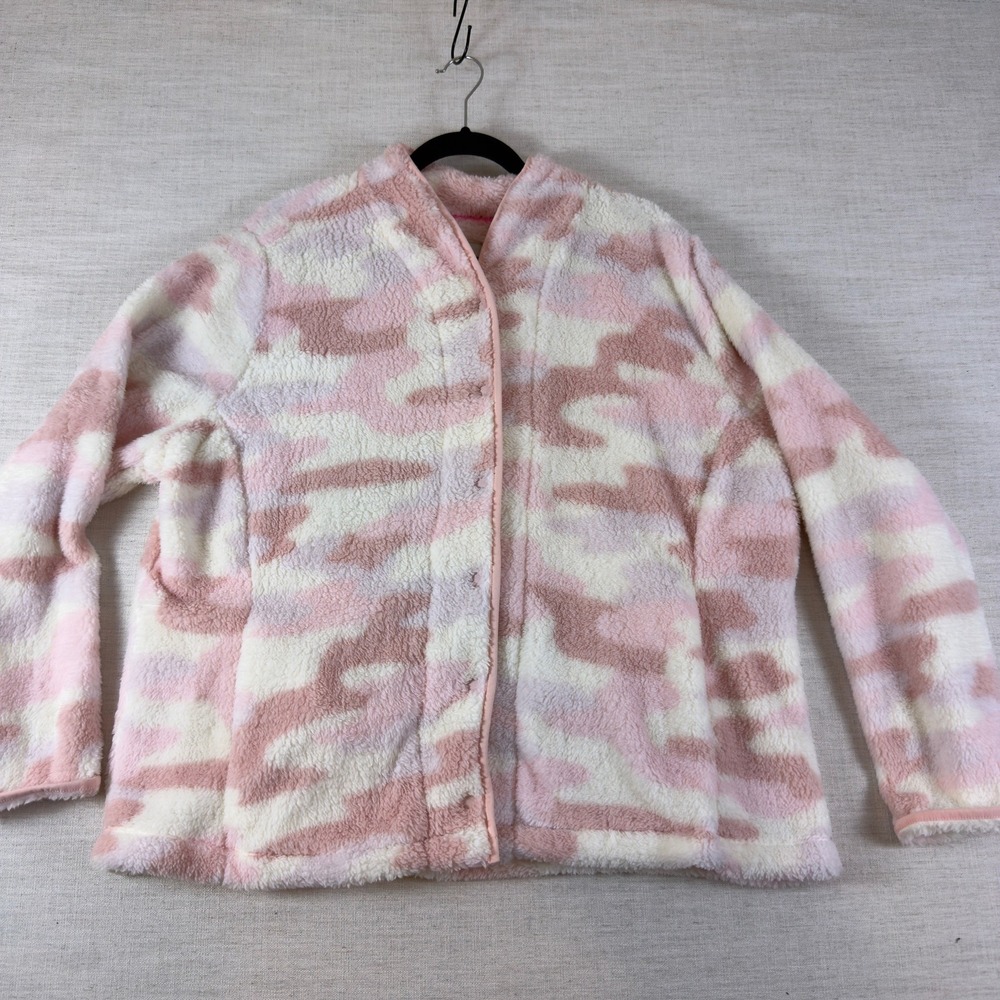 Isaac Mizrahi Live Womens XL Pink Camouflage Sherpa Fleece Snap Front Jacket